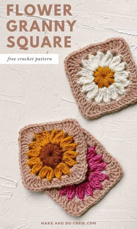 Crochet Squares Flower, Tricolor Granny Square, How To Make A Flower Granny Square, How To Make A Sunflower Granny Square, Crochet Begginers Simple Tutorial, Puffy Flower Granny Square, Daisy Crochet Granny Square Pattern, Cute Granny Square Crochet Pattern Free, Solid Granny Square Pattern Free Video