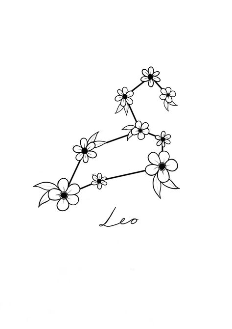 Leo constellation with a wild flower twist. Leo Constellation Tattoo Flower, Leo Zodiac Tattoos Constellation, Constellation Du Lion, Leo Zodiac Star Constellation, Leo Flower Tattoo Zodiac Signs, Cute Leo Tattoo Ideas, Leo Star Constellation Tattoo, Leo Flower Tattoo, Leo Astrology Tattoo