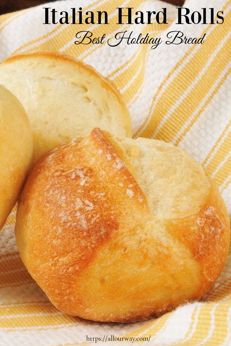 A light airy roll with a crunchy crackly crust. Does not use a lot of yeast, instead it relies on extra-long fermentation for flavor development. It's the perfect dinner roll to serve at a holiday meal. Not sweet, just plenty of rich bread flavor. #dinnerrolls, #hardrolls, #Italianhardrolls, #crustyrolls, #holidaybuns, #yeastbuns, #yeastrolls Crusty Rolls Recipe, Grammy Recipes, Semolina Bread, Italian Rolls, Crusty Rolls, Hard Rolls, Dinner Roll, Holiday Bread, Yeast Breads