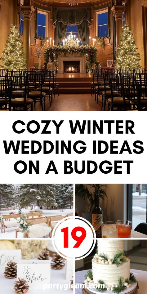 Explore 19 cozy winter wedding ideas on a budget featuring cake embellishments, simple ideas for cocktail hour, and creative use of holiday decor. This pin includes 5 images with inspiring concepts perfect for any couple planning their special day in chilly season. Cool Winter Wedding Ideas, Winter Wonderland Vow Renewal, Outdoor December Wedding Ideas, Winter Christmas Wedding Ideas, December Wedding Not Christmas, Indoor Winter Wedding Ideas, Winter Minimalist Wedding, Small Outdoor Winter Wedding, Winter Weddings Wedding Ceremony Decor