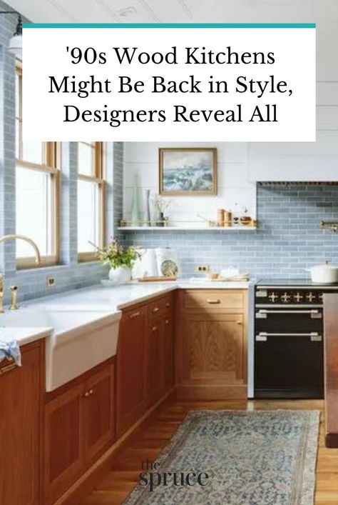 Designers weigh in on the latest kitchen trend question: are honey-colored maple cabinets from the 90s really back in style? Read all you need to know before renovating your kitchen and how you can update wooden cabinets to keep them fresh. #woodencabinets #kitchencabinetstyling #kitchencabinetupgrades #warmkitchens #apartmentdecor #apartmentdecoratingonabudget #apartmentliving #smallspacedecorating #thespruce Wooden Cabinet Kitchen Ideas, 90s Cabinet Makeover Oak Kitchens, Modernize Wood Kitchen Cabinets, Kitchens With Wood Cabinets And Floors, Knobs For Honey Oak Kitchen Cabinets, Updated Kitchen With Wood Cabinets, Honey Walnut Cabinets, 90s Kitchen Renovation, Honey Kitchen Cabinets Modern