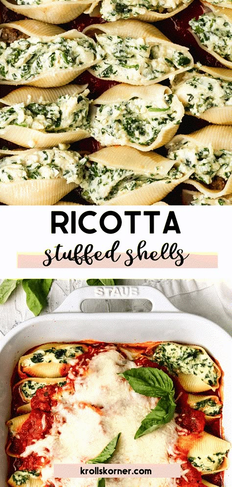 Spinach and Ricotta Stuffed Shells are filled with 3 types of cheese, marinara and spinach. They are an easy to make, cozy weeknight dinner. Ricotta Cheese Stuffed Shells, Spinach And Ricotta Stuffed Shells, Easy Stuffed Shells, Spinach Ricotta Pasta, Ricotta Stuffed Shells, Shell Pasta Recipes, Spinach Stuffed Shells, Ricotta Cheese Recipes, Stuffed Shells Ricotta