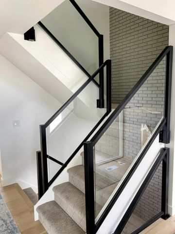 Black Element Glass Railing - Sandy, UT | Glass Railing for Decks Stairs Glass Railing, Railing For Decks, Picket Railing, Glass Staircase Railing, Black Railing, Glass Railing Stairs, Glass Handrail, Indoor Railing, Stair Kits