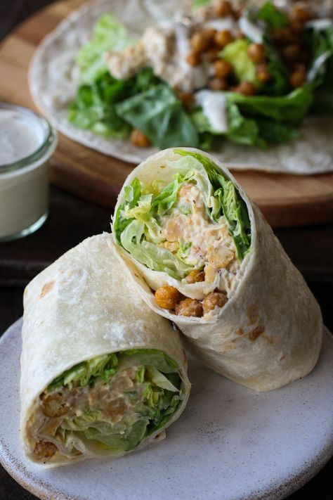 Chickpea Caesar Salad, Caesar Salad Wrap, Salad Wrap, Gluten Free Wraps, Vegan Mayonnaise, Salad Wraps, Tomato Vegetable, Tortilla Wraps, Roasted Chickpeas