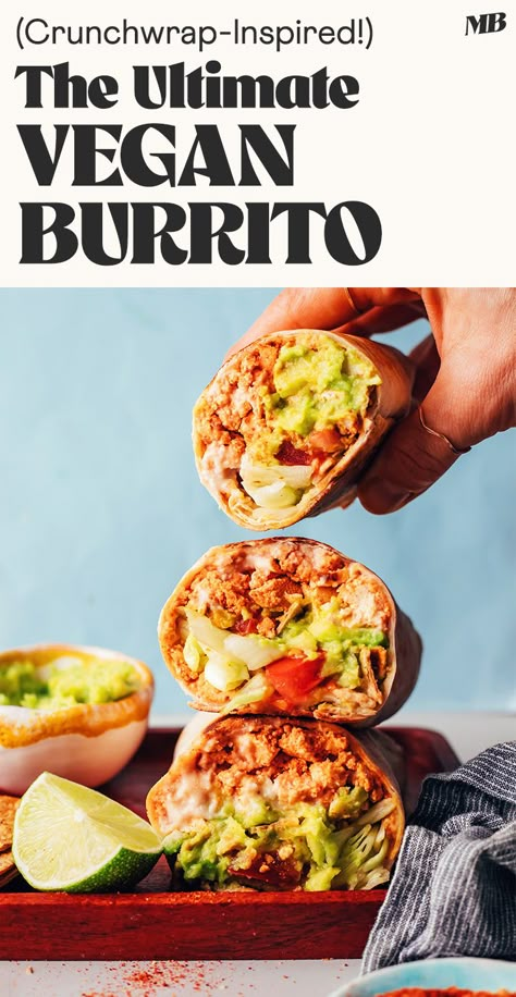 The ULTIMATE vegan burrito, inspired by a Crunchwrap! Smoky tofu taco meat, creamy white bean queso, crunchy tortilla chips, vibrant guacamole, and fresh veggies. Vegan, gluten-free optional, and ready in just 30 minutes! #minimalistbaker #vegan #burrito #crunchwrap Tofu Taco Meat, Burrito Vegan, Crunchwrap Recipe, Quick Guacamole, Beginner Vegan, Inflammatory Meals, Vegan Burrito, Vegan Wraps, Minimalist Baker