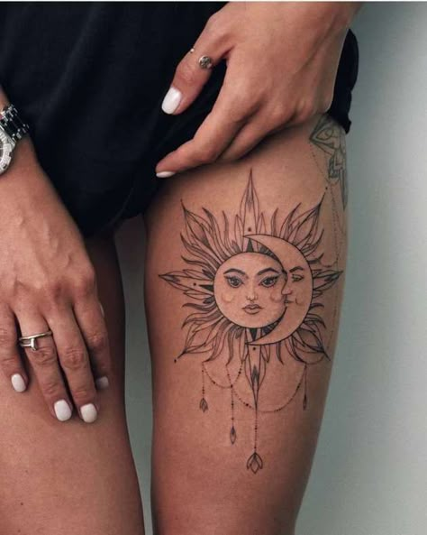 Sun And Moon Tattoos, Sun And Moon Tattoo, Hip Thigh Tattoos, Moon Tattoos, Moon Tattoo Designs, Sun Tattoos, Inspiration Tattoos, Leg Tattoos Women, Cat Tattoos