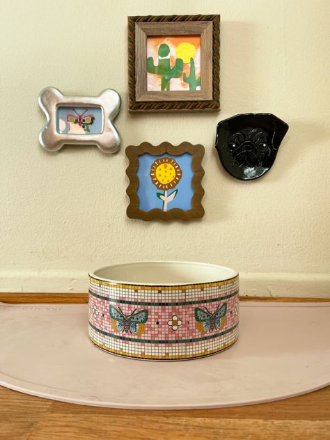 Mini gallery wall made using small tabletop frames. Gallery Wall For Dog, Dog Gallery Wall Ideas, Pet Gallery Wall, Dog Gallery Wall, Mini Gallery Wall, Dog Food Station, Cat Food Dish, Mini Gallery, Eclectic Style Decor