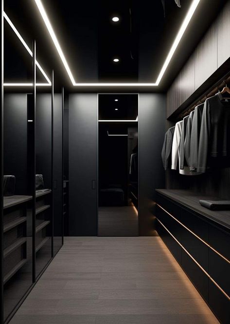 Walk In Wardrobe Ideas Master Bedrooms, Modern Closet Designs, Walk In Wardrobe Design, A Walk In Closet, Dark Interior Design, Black Closet, Dream Closet Design, Walk In Closet Design, Closet Design Layout