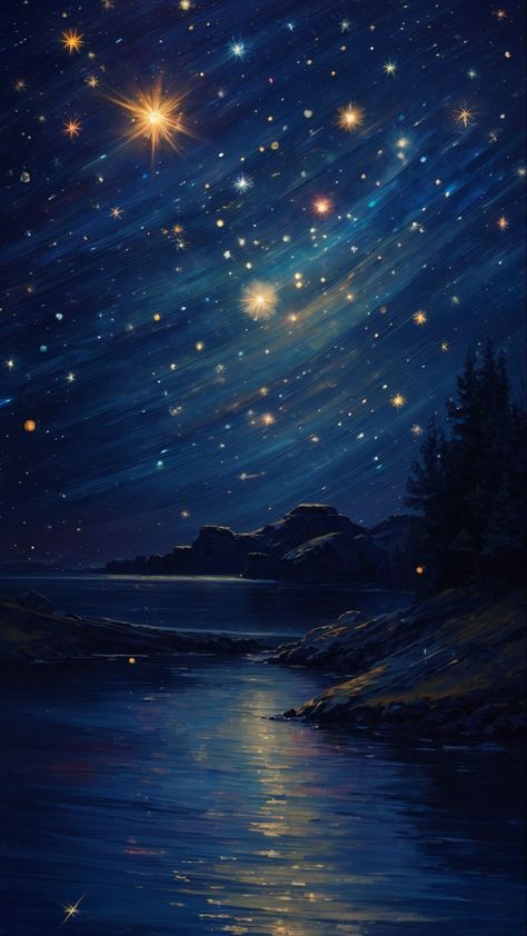 Free background 4k, hd wallpaper night sky, stars, lake, trees, paint, art, background hd for pc & mobile Nighttime Drawing, Celestial Art Wallpaper, Nighttime Paintings, Fantasy Night Sky, Night Sky Drawing, Starry Night Wallpaper, Night Sky Art, Night Sky Painting, Sky Stars