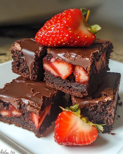 🍓 Chocolate Dipped Strawberry Brownies 🍓 Ingredients: - 1 cup unsalted butter, melted - 2 cups granulated sugar - 4 large eggs - 1 tablespoon vanilla extract - 1 cup all-purpose flour - 1 cup unsweetened cocoa powder - 1/2 teaspoon salt - 1 cup fresh strawberries, hulled and sliced - 1 cup semi-sweet chocolate chips - 1 tablespoon coconut oil (for melting chocolate) Instructions: 1. Preheat your oven to 350°F (175°C) and grease a 9x13-inch baking pan. 2. In a large bowl, combine the melted... Strawberry Chocolate Brownies, Powdered Sugar Desserts, Deserts Aesthetic, Strawberry Chocolate Dessert, Different Desserts, Restaurant Desserts, Strawberry Brownie, Brownies Ingredients, Strawberry And Chocolate