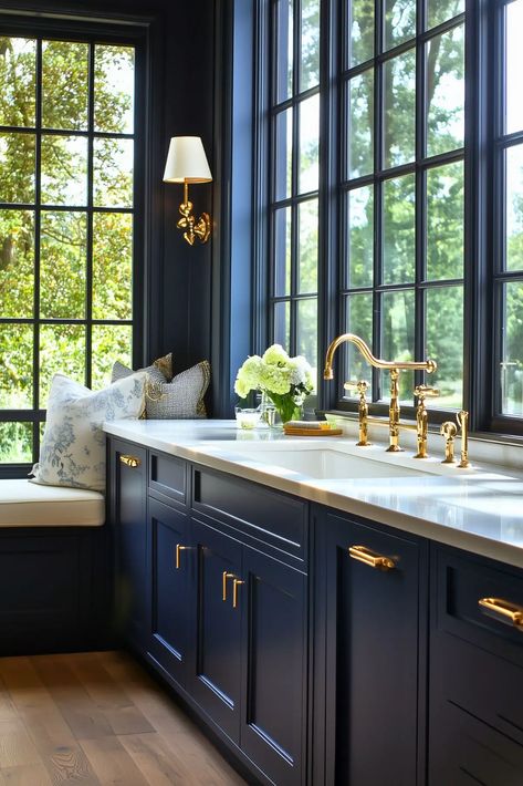 The Navy Blue Kitchen: Tradition Meets Trend - Kitchen Informant Navy Mudroom Cabinets, Navy Blue Cupboards, Navy Blue And Wood Kitchen, New England Kitchen Design, Navy Blue Kitchens, Blue Cabinets Kitchen, Blue Country Kitchen, Kitchen Sink Wall, Trend Kitchen