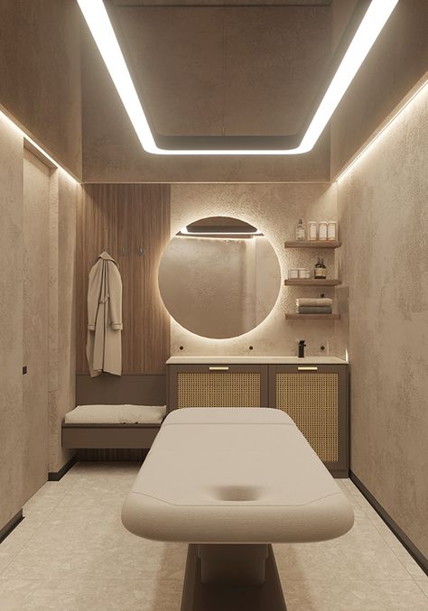 Body laboratory on Behance Dreamy Lash Room, Modern Spa Design Interiors, Skincare Salon Decor, Esthetics Room Organization, Skincare Room Design, Beauty Lounge Ideas, Spa Room Decor Ideas, Skin Care Room Design, Luxury Spa Room