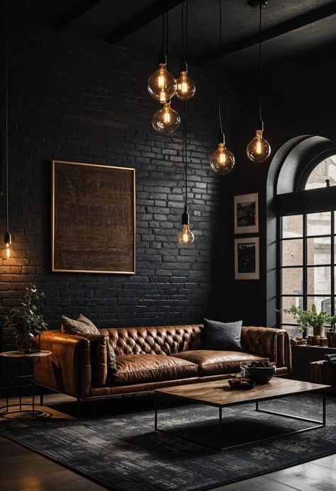 Loft Aesthetic, Dark Boho Living Room, Boho Living Room Inspiration, Leather Couches, Dark Boho, Brick Interior, Dark Home Decor, Black Living Room, Industrial Livingroom