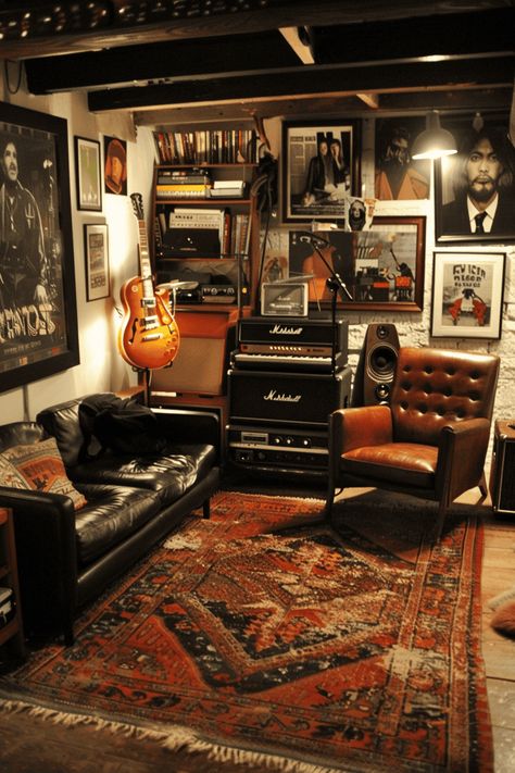 Music Themed Man Cave, Small Back Room Ideas, Vintage Music Living Room, Home Music Lounge, Music Studio Room Aesthetic Dark, Dark Music Room Aesthetic, Music Interior Design Ideas, 70s Rock And Roll Aesthetic Room, Zen Music Room