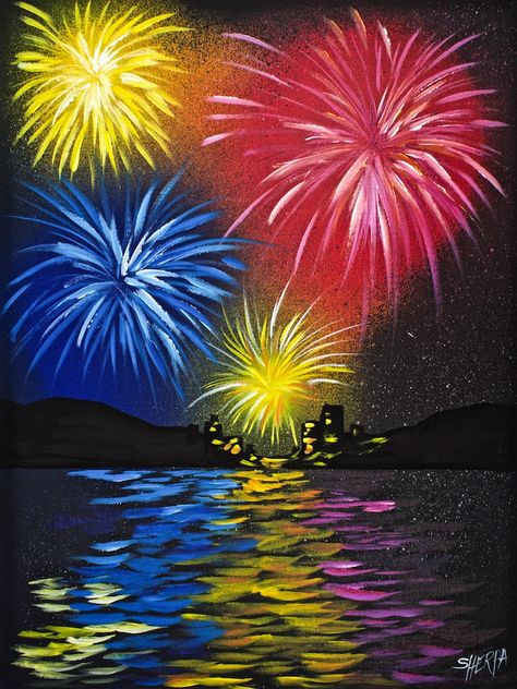 Fireworks over water acrylic painting for beginners step by step by the Artsherpa for a Free Youtube tutorial Featuring Liquitex Artist Spraypaint Acrylics Ideas, Firework Painting, The Art Sherpa, Wine And Canvas, Music Painting, Painting Party, Acrylic Painting For Beginners, Typography Wall Art, Chalk Pastels