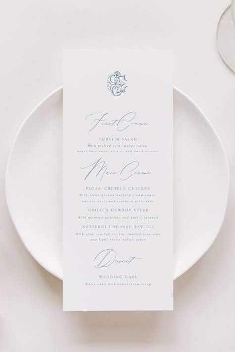 Elegant Wedding Reception Decor, Wedding Menus Design, Elegant Wedding Menu, Reception Table Decor, Wedding Dinner Menu, Gold Foil Wedding Invitations, Elegant Wedding Reception, Gold Foil Wedding, Blue Themed Wedding