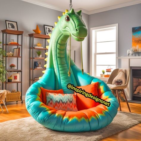 These Hanging Dinosaur Loungers Will Have Your Kids Swinging into the Jurassic Age! Dinosaur Chair, Hanging Lounge Chair, Dinosaur Bedding, Floating In The Air, Dinosaur Room Decor, Dinosaur Head, Dinosaur Room, Bean Bag Sofa, Fun Furniture