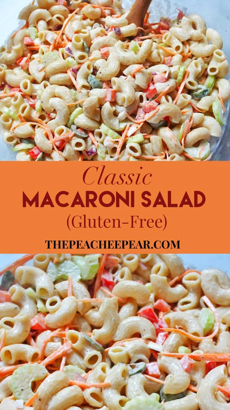 Macaroni salad mixed with vegetables in a glass bowl. Gluten Free Macaroni Salad Recipe, Salads For Brunch, Salad Making, Classic Macaroni Salad, Low Carb Gluten Free Recipes, Veggie Pasta Salad, Fresh Carrots, Mac Salad, Pork Salad