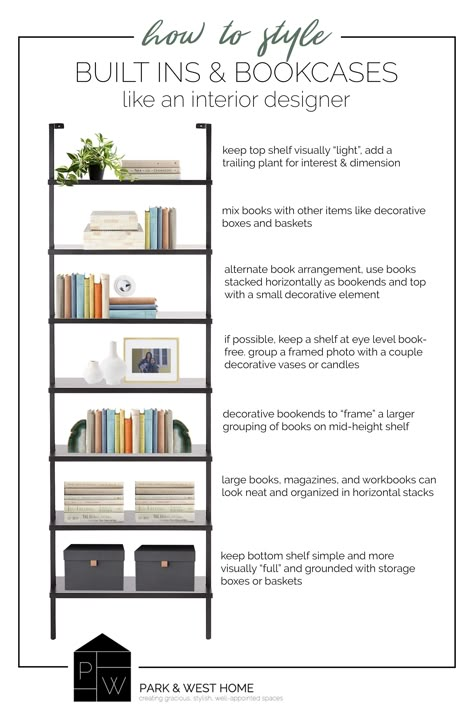 Bookshelf Styling Living Room, Styling A Bookcase, Styling Bookshelves, Decorating Bookshelves, Design Tips And Tricks, West Home, Bookcase Styling, Bookcase Design, Bookcase Decor