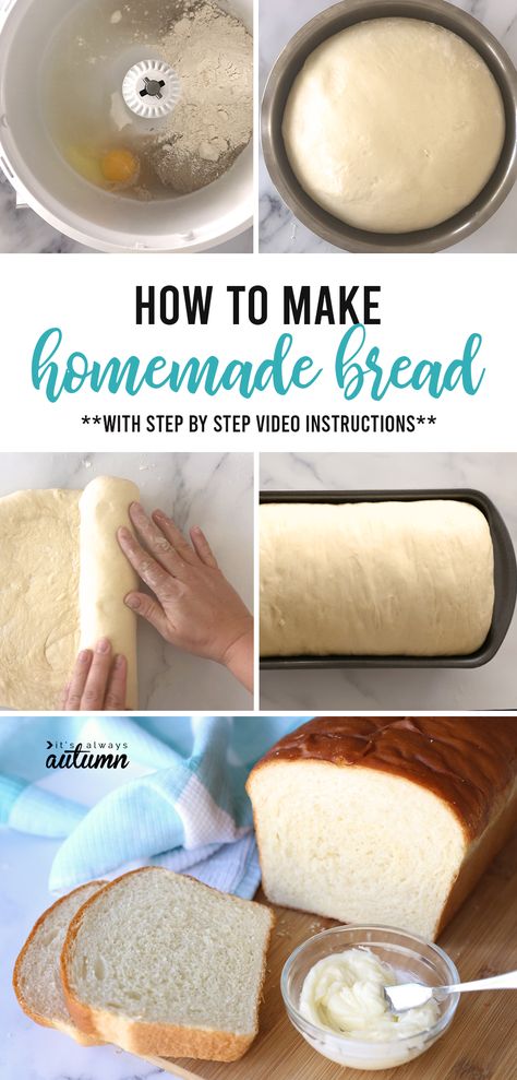 How to make AMAZING homemade bread + step by step video - It's Always Autumn Best Homemade Bread, Homemade White Bread, Homemade Bread Recipes Easy, Homemade Bread Easy, Easy Bread Recipes, Easy Bread, Bread Recipes Homemade, Bread Dough, How To Make Bread