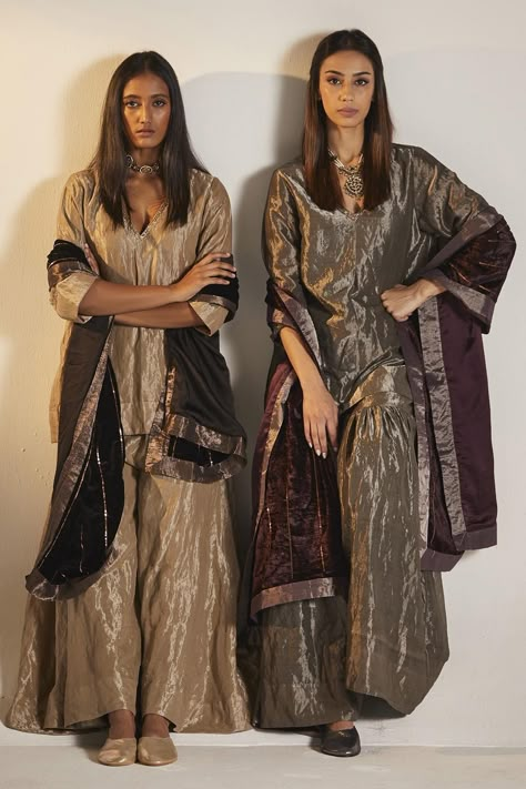 Kurta And Sharara Set, V Neck Kurta, Grey Kurta, Kurta And Sharara, Tissue Fabric, Embroidery Neckline, Designer Dresses Casual, Sale Outfit, Sharara Set