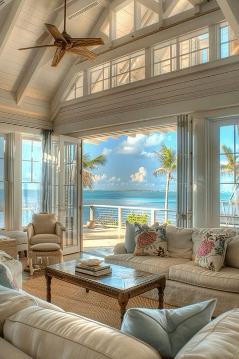 #decor Home In Florida, Summer House Aesthetic, Beach House Furniture Ideas, Beach House Florida, Modern Coastal Living Room, Bloxburg Beach House, Beach House Aesthetic, Summer Beach House, Dream Beach House