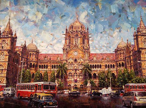 Chhatrapati Shivaji Terminus (CST) by Mukhtar Kazi, 30 x 40, Acrylic on Canvas  Mumbai 24 - Exhibition of paintings by artist Mukhtar Kazi at Kamalnayan Bajaj Art Gallery in February, 2014. Mumbai Canvas Painting, Mumbai Art Illustrators, Mumbai City Painting, Mumbai Painting, Mumbai Illustration, Char Minar, Nariman Point, Mumbai Art, Chhatrapati Shivaji Terminus