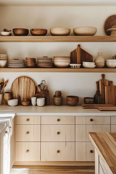 Style minimalist kitchen shelves with carefully curated essentials for a clean look. #MinimalistKitchen #OpenShelving #ModernHome Kitchen Oak Shelves, Kitchen Backsplash With Floating Shelves, Open Kitchen Shelves Styling, No Upper Cabinets Kitchen, Wood Shelf Kitchen, Adobe Kitchen, Kitchen Open Shelf, Open Shelf Kitchen, Kitchen Shelving Ideas