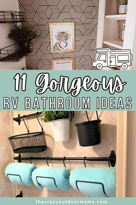 These before and after pictures will leave you excited to try some ideas in your own RV bathroom makeover! Check out these remodels as well as the deets on the decor, such as wallpaper and a modern sink! Tiny Bathroom Before And After, Lake Rv Decor, Remodel Rv Bathroom, Redo Rv Bathroom, Travel Trailer Bathroom Ideas, Rv Bathroom Wallpaper Ideas, Motorhome Bathroom Ideas, Rv Remodel Before And After Rv Makeover, Rv Bathtub Remodel