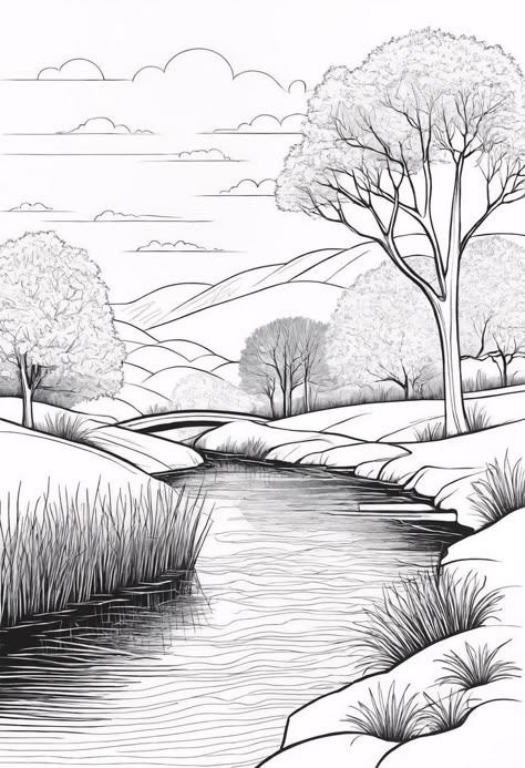 Premium Photo | A drawing of a river with trees coloring book illustration Tracing Pictures For Adults, How To Draw River, River Drawing Pencil, How To Draw A River, River Drawing Simple, River Landscape Drawing, Nature Drawing Ideas Creative Beautiful, Buddha Birth, Drawing Of Landscape