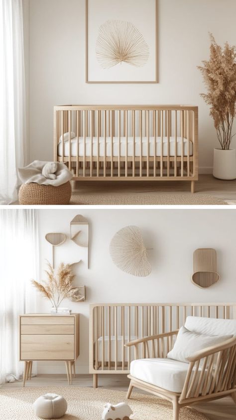 Scandinavian-style gender-neutral nursery with light wood furniture, minimalist decor, and soft lighting for a cozy Minimalist Gender Neutral Nursery, Simple Nursery Ideas Neutral, Zen Nursery Ideas, Modern Baby Girl Nursery, Modern Nursery Ideas, Light Wood Furniture, Abstract Tree Art, Nautical Theme Nursery, Minimalist Decor Ideas