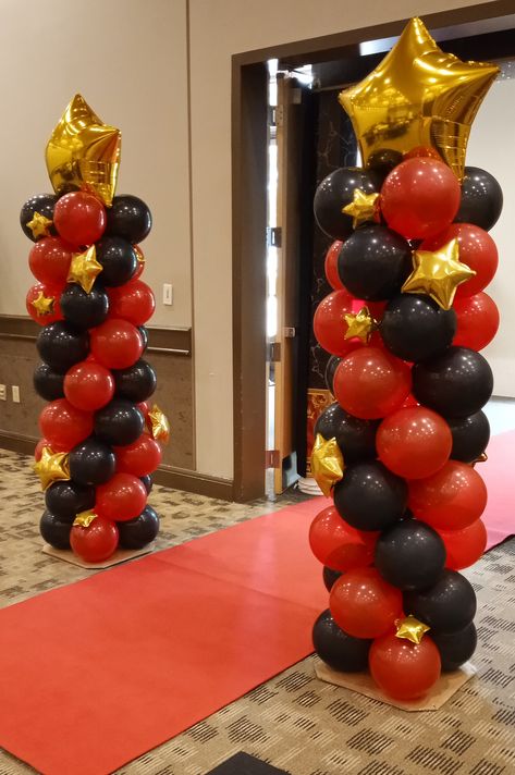 A Night At The Oscars Prom Theme, Decor For School Event, Hollywood Prom Theme Decoration Centerpieces, Black Gold And Red Party Decorations Hollywood Theme, Grammys Prom Theme, Small Indoor Ceremony Decor, Star Balloon Column, Hollywood Banquet Theme, Oscar Prom Theme