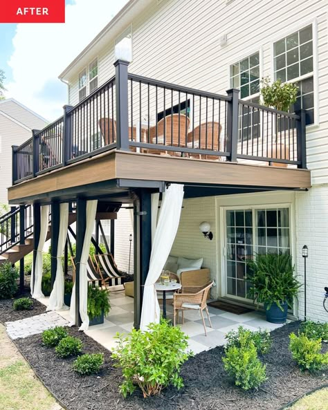 Curtains around the ground-level patio can be closed to provide additional sun protection or privacy. Credit: Trex Company Backyard Under Deck Patio Ideas, High Decks Backyard, Deck With Patio Underneath, Sunroom Backyard, 2nd Floor Deck Ideas, Second Floor Deck Ideas, Under Deck Patio Ideas, Townhouse Patio, Under Deck Ideas