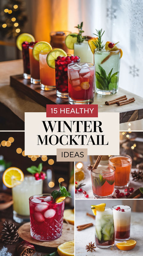 "Warm up your season with these 15 Healthy Winter Mocktail Ideas! Discover  delightful Christmas Mocktail Recipes perfect for festive gatherings,  including refreshing Cranberry Cocktails and flavorful Holiday Mocktails.  Whether you're celebrating Thanksgiving or ringing in the New Year, these  alcohol-free drinks are ideal for all occasions. Alcoholic Free Drinks, Cranberry Pomegranate Mocktail, Mocktail Recipe Large Batch, New Drink Ideas, Group Cocktails Drink Recipes, Mocktail Recipe Cranberry, Holiday Cocktails And Mocktails, Mocktail Cocktail Recipes, Spirit Free Cocktails