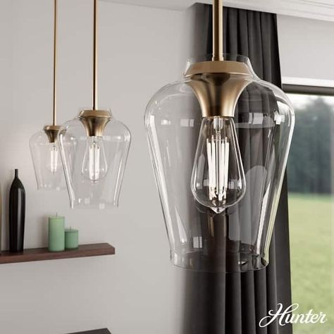 Hunter Vidria 1-Light Mini Pendant - Kitchen Island, Dining Room, Bedroom - Contemporary, Transitional - On Sale - Bed Bath & Beyond - 35995339 Bronze Island Lighting, Clear Island Pendant Lights, Dining Room And Kitchen Island Lighting, Counter Lighting Kitchen, Pendant Lights In Hallway, Above Island Lights, Antique Brass Pendant Light Kitchen, Bathroom Pendant Lighting Ideas, Center Island Lighting Ideas