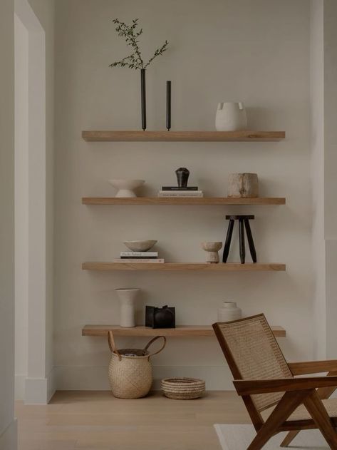 Modern Living Room Floating Shelves, Jenna Barton, Floating Shelves Living Room, Japandi Home, Shelf Decor Living Room, Japandi Interior, Living Room Shelves, Living Room Scandinavian, Scandinavian Interior Design