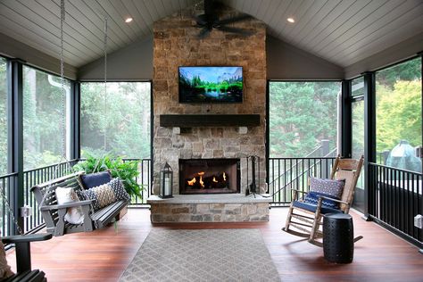 Custom Screened Porch with Fireplace Remodel | Roswell, GA Lakehouse Renovation, Screened Porch With Fireplace, Renovating House, Deck Ceiling, Screened Deck, Porch With Fireplace, Deck Addition, Deck Renovation, Big Porch