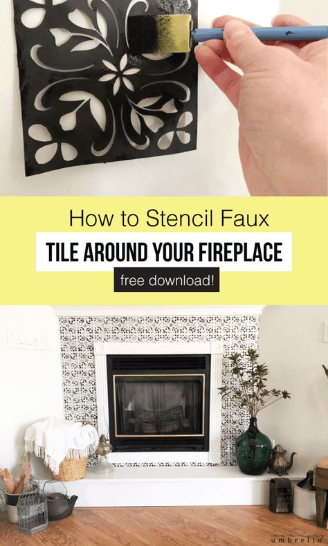 Do you crave a new look for your fireplace, but need an inexpensive DIY makeover fix? Look no further! Learn how to create these beautiful black and white faux tiles around your fireplace with a stencil in this step-by-step tutorial.﻿ #diyhomedecor #homedecorideas #kenarry Painting Tile Around Wood Stove, Stenciled Fireplace Surround, Tile Stencil Fireplace, Fireplace Stencil Ideas, Stencil Fireplace Tile, Tile Stencils Diy, Stencil Tile, Decoraciones Ramadan, Fireplace Diy