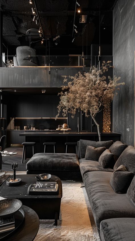 Embracing the Dark Side: Luxurious All-Black Interior Design — Living Bright Interiors Black High Ceiling, Luxury Black Interior, Dark Rustic Interior, Black On Black Living Room, Black Walls Interior Design, All Black Interior House, Dark Minimal Living Room, Black Wood Interior Design, Dark Luxury Interior