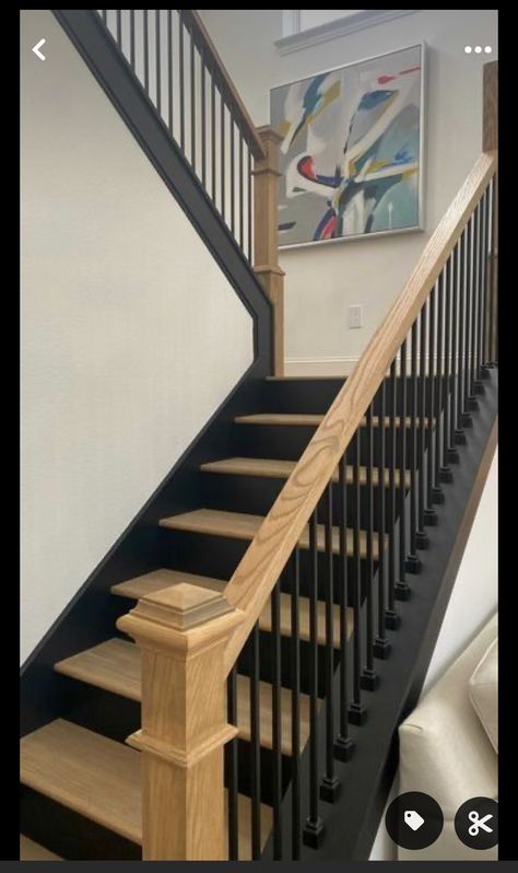 Stair Landing Railing Ideas, Staircase Before And After, Drywall Staircase, Two Tone Staircase, Renovated Staircase, Half Turn Staircase, Stained Staircase, Wrap Staircase, Stairs Makeover Design