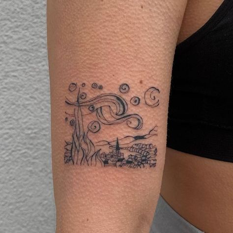 Art Inspired Tattoos Famous, Van Gogh Fine Line Tattoo, Van Gogh Cypress Tree Tattoo, Tattoos Inspired By Paintings, Tattoos Based On Paintings, Painting Tattoo Ideas Artists, Minimalist Tattoo For Artist, Painting Inspired Tattoo, Art Student Tattoo