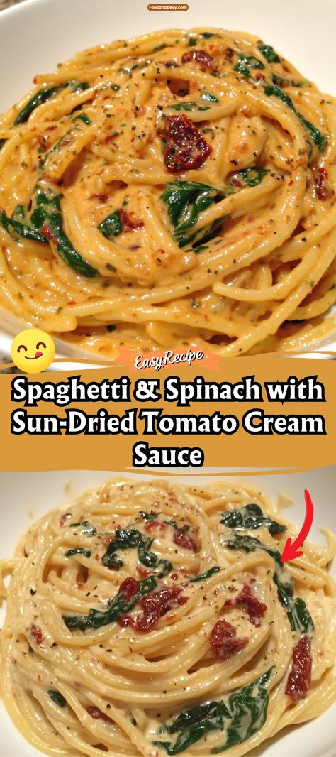 Delight in the rich flavors of Spaghetti & Spinach with Sun-Dried Tomato Cream Sauce. This pasta dish is a vibrant combination of tender spinach, tangy sun-dried tomatoes, and a creamy garlic sauce that clings to every strand of spaghetti. It’s a comforting meal that’s both satisfying and sophisticated. #CreamyPasta #SunDriedTomato #VegetarianDishes Spaghetti And Spinach With Sun Dried Tomato Sauce, Meal With Spaghetti Noodles, Spinach Sundried Tomato Chicken Pasta, Pasta With Garlic Cream Sauce, Sun Dried Tomato Basil Pasta, Thick Noodle Pasta, Spaghetti With Spinach And Sun Dried Tomato, Creamy Sundried Tomato Pasta Sauce, Dinner Recipes With Tomato Paste