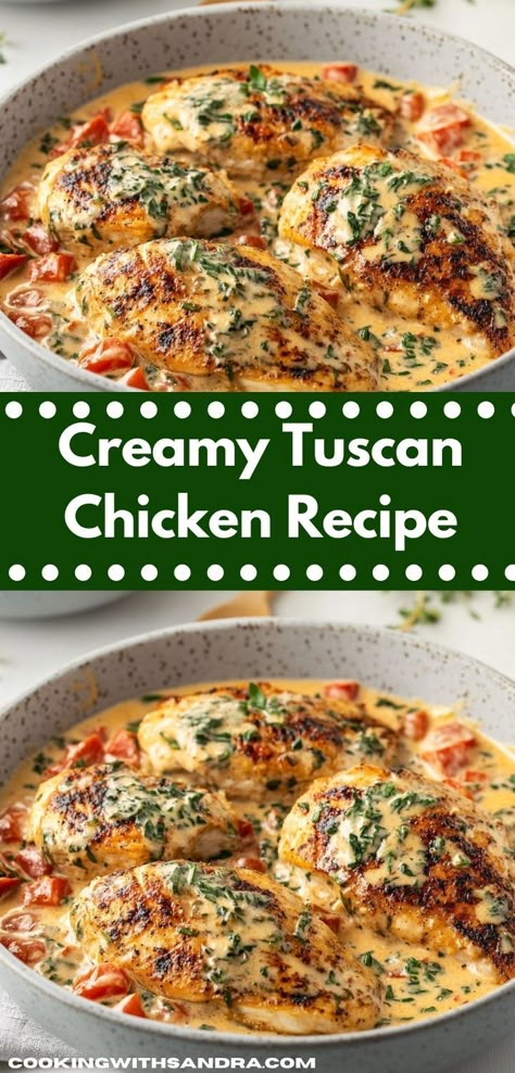 Looking for a flavorful dinner idea? This Creamy Tuscan Chicken recipe is a delightful blend of sun-dried tomatoes and spinach, creating a delicious dish that’s quick to prepare and perfect for family dinners. Tuscan Chicken With Spinach, Chicken Spinach Recipes, Chicken Recipes With Tomatoes, Creamy Tuscan Chicken Recipe, Tuscan Chicken Recipe, Tuscan Food, Chicken With Spinach, Creamy Tuscan Chicken, Tuscan Recipes