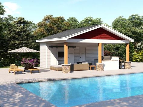 Outdoor Pavilion With Storage, Small Pool House Ideas Floor Plans, Rustic Pool House Ideas, Simple Pool House Ideas, Pool Cabana With Bathroom, Pool Cabana Design, Small Pool House Plans, Pool House With Bedroom, Pool House Patio