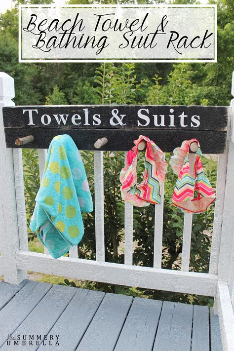 Sick and tired of wet suits and towels laying on the floor? Create this perfect little beach towel and bathing suit rack that help eliminate this problem! Living Pool, Pergola Curtains, Pool Stuff, Lake Decor, Festival Camping, Pool Decor, Lake Cabins, Pool Time, Lake House Decor