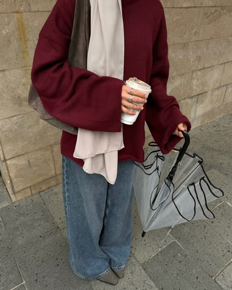 rainy october day ☔️☁️🥀 autumn outfit, autumn vibe, modest fashion, hijab style, baggy jeans, burgundy color, umbrella Color For Outfit, Hijab Fashion Fall, Modesty Hijab Outfit, Cozy Hijab Outfit, Burgundy And Red Outfit, Colorful Hijab Outfits, Burgundy Red Outfit, Burgundy Hijab Outfit, Hijab Fashion Jeans