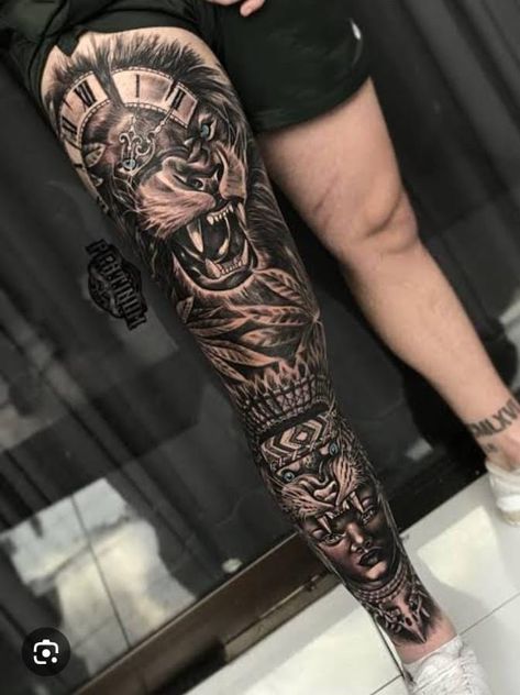 Thigh Sleeve Tattoo, Upper Leg Tattoos, Tiger Tattoo Sleeve, Best Leg Tattoos, Lion Tattoo Sleeves, Full Leg Tattoos, Realistic Tattoo Sleeve, Circle Tattoos, Tattoo Inspiration Men