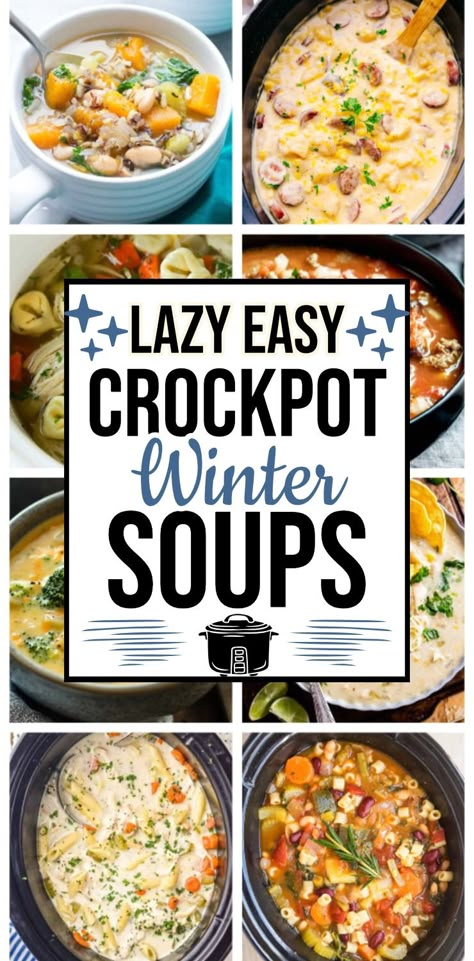 Cold Weather Crockpot Soup Recipes For Homemade Comfort Food On Winter Nights! Easy soup recipes slow cooker style! 18 easy dump crockpot soup recipes for easy Sunday dinner ideas! Cold weather dinner ideas crockpot easy, Sunday dinner ideas, easy crockpot recipes with few ingredients, easy crockpot soup recipes 5 ingredients, best crockpot soup recipes ever, cheap dinners for a family, slow cooker soup recipes easy lasagna soup, healthy beef chicken vegetarian potato tortellini chicken noodle. Crockpot Dump Soup Recipes, Dump Crockpot Soup, Winter Soup Recipes Slow Cooker, Dinner Ideas Cold, Dinner Ideas Cold Weather, Lasagna Soup Healthy, Dinner Ideas Crockpot Easy, Winter Soup Crockpot, Dump And Go Soup