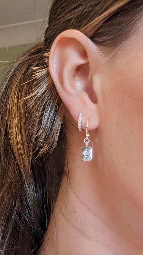 #earrings #silver #earring_stacks #stacks Triple Lobe Stack, Silver Earring Stack, Earring Stacks, Earring Stack, Double Earrings, Ear Stack, Stacked Jewelry, Piercing Tattoo, Silver Drop Earrings