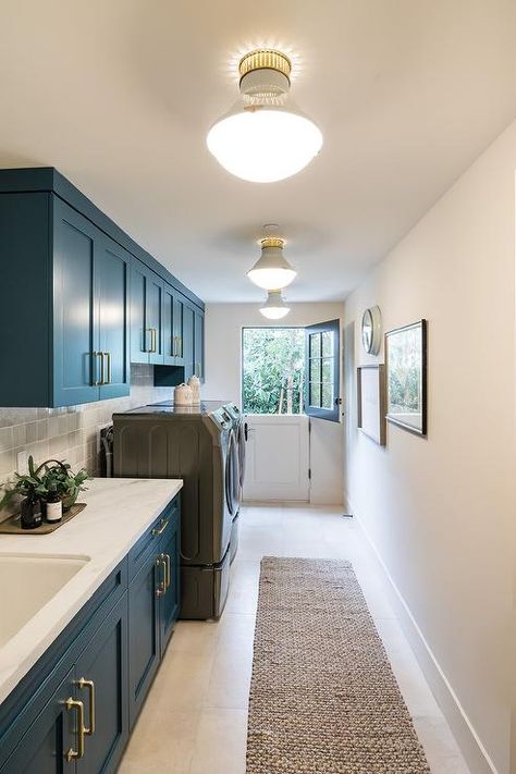 Blue Floor Laundry Room, Laundry Room Coastal, Small Space Laundry Room, Small Space Laundry, Cottage Laundry, Cottage Laundry Room, Narrow Laundry, Transitional Laundry Room, Narrow Laundry Room